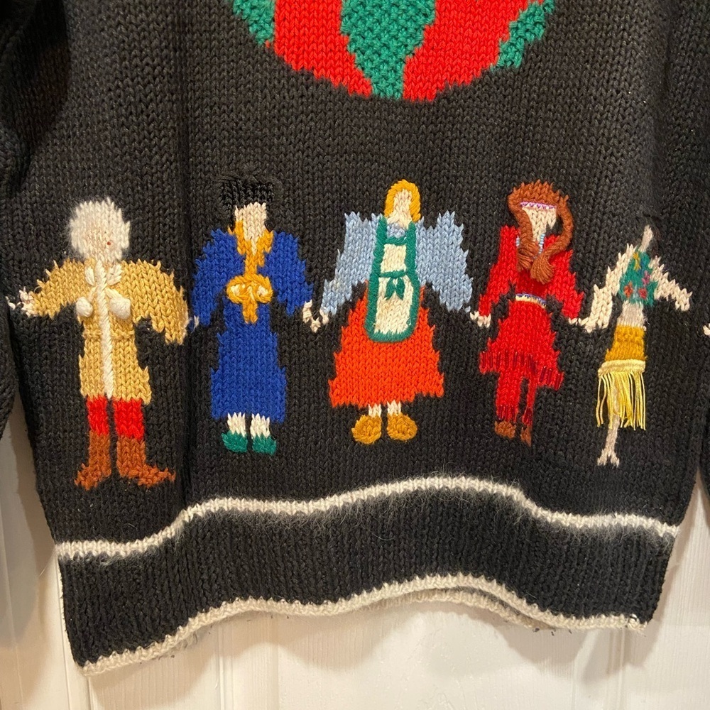 VTG Marisa Christina Size M/L Hand Knit Christmas Sweater World Peace Globe - Picture 3 of 9